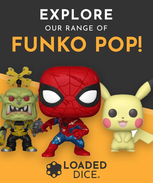 Explore our range of Funko Pop! at Loaded Dice – Spider-Man, Pikachu and a green orc Pop! vinyl figure on an orange and charcoal banner