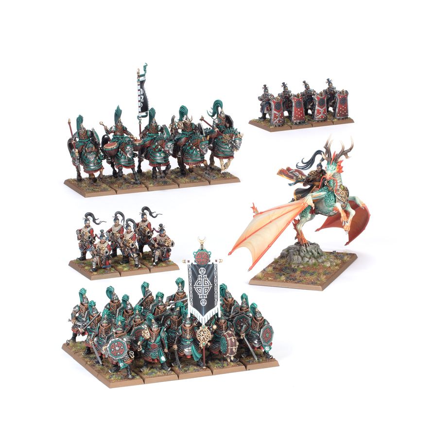 A set of painted fantasy tabletop miniatures on a plain white background, including multiple armored warrior groups, a heraldic banner, and a dragon mounted on a rider.