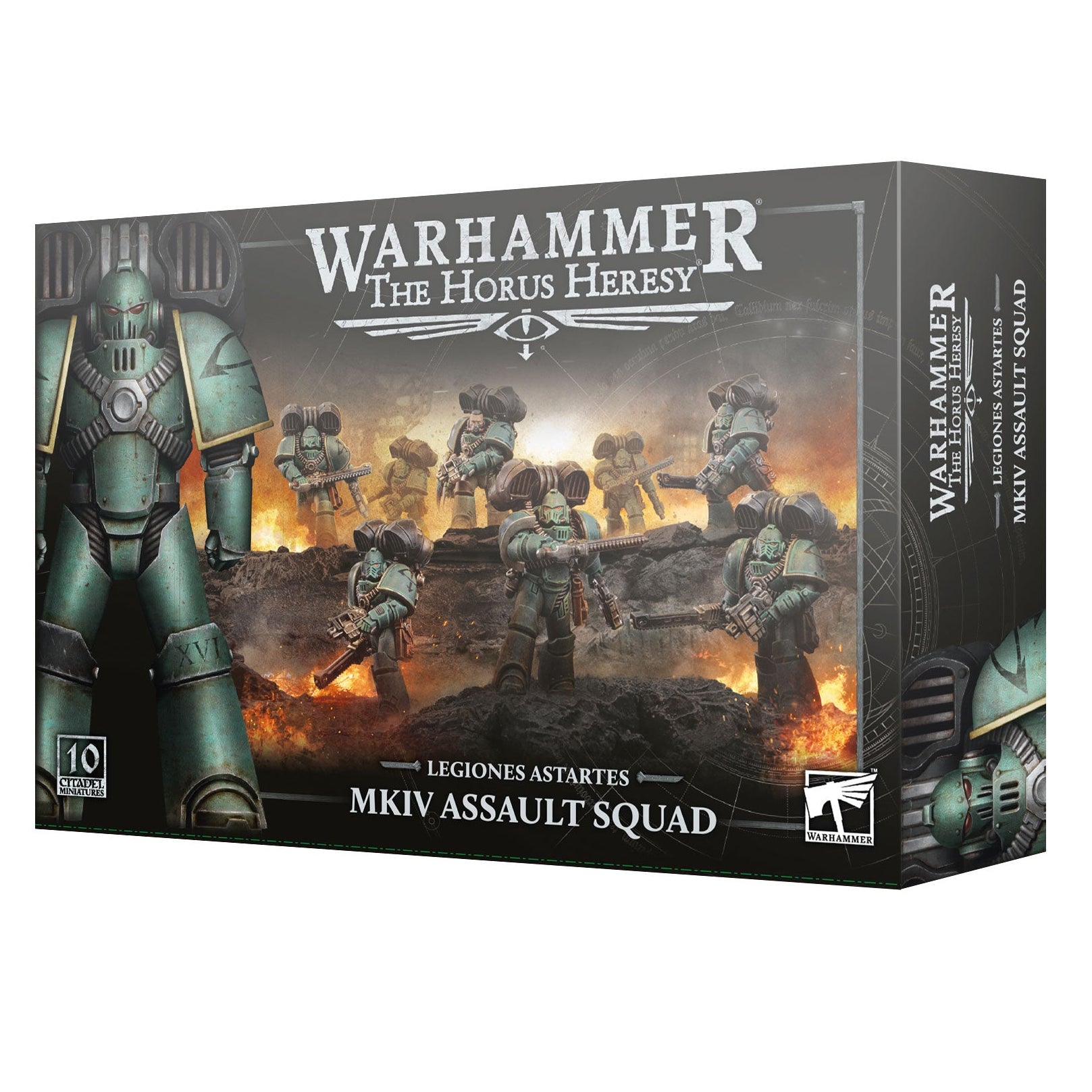 Warhammer 40k The Horus Heresy MKIV Assault Squad box set, featuring a dark green armored space marine on the front cover and a fiery battle scene with space marines on the side panel.