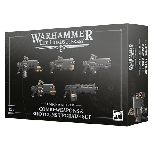 Warhammer 40k Horus Heresy Combi-Weapons & Shotgun Upgrade Set box, featuring five illustrated weapon models on a dark black background with white and silver text.