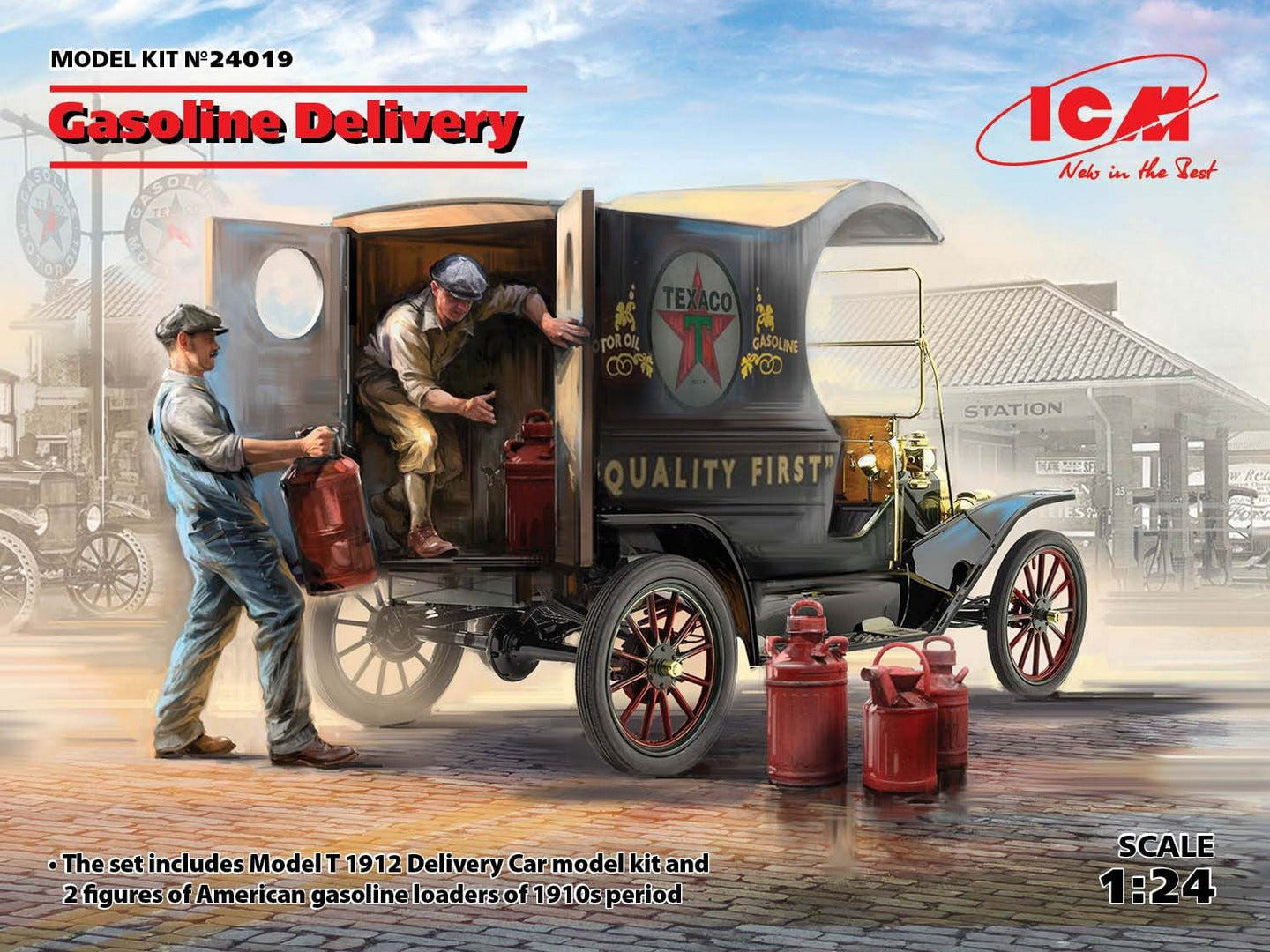 ICM 1:24 Gasoline Delivery Model T 1912 Delivery Car with 2 American Gasoline Loader Figures - ICM24019