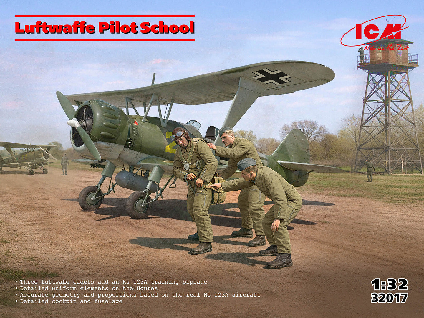 ICM 1:32 Luftwaffe Pilot School (Hs 123A Training Biplane & 3 Figures) - ICM32017