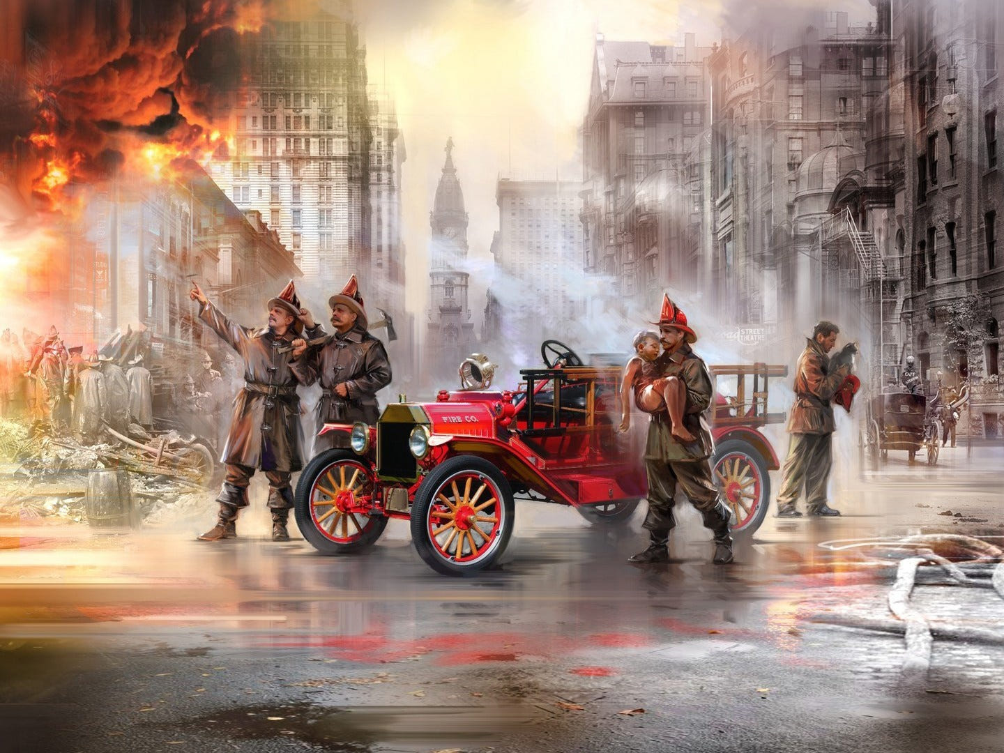 ICM 1:35 Model T 1914 Fire Truck with 4 Crew Figures Boy & Cat - ICM35606