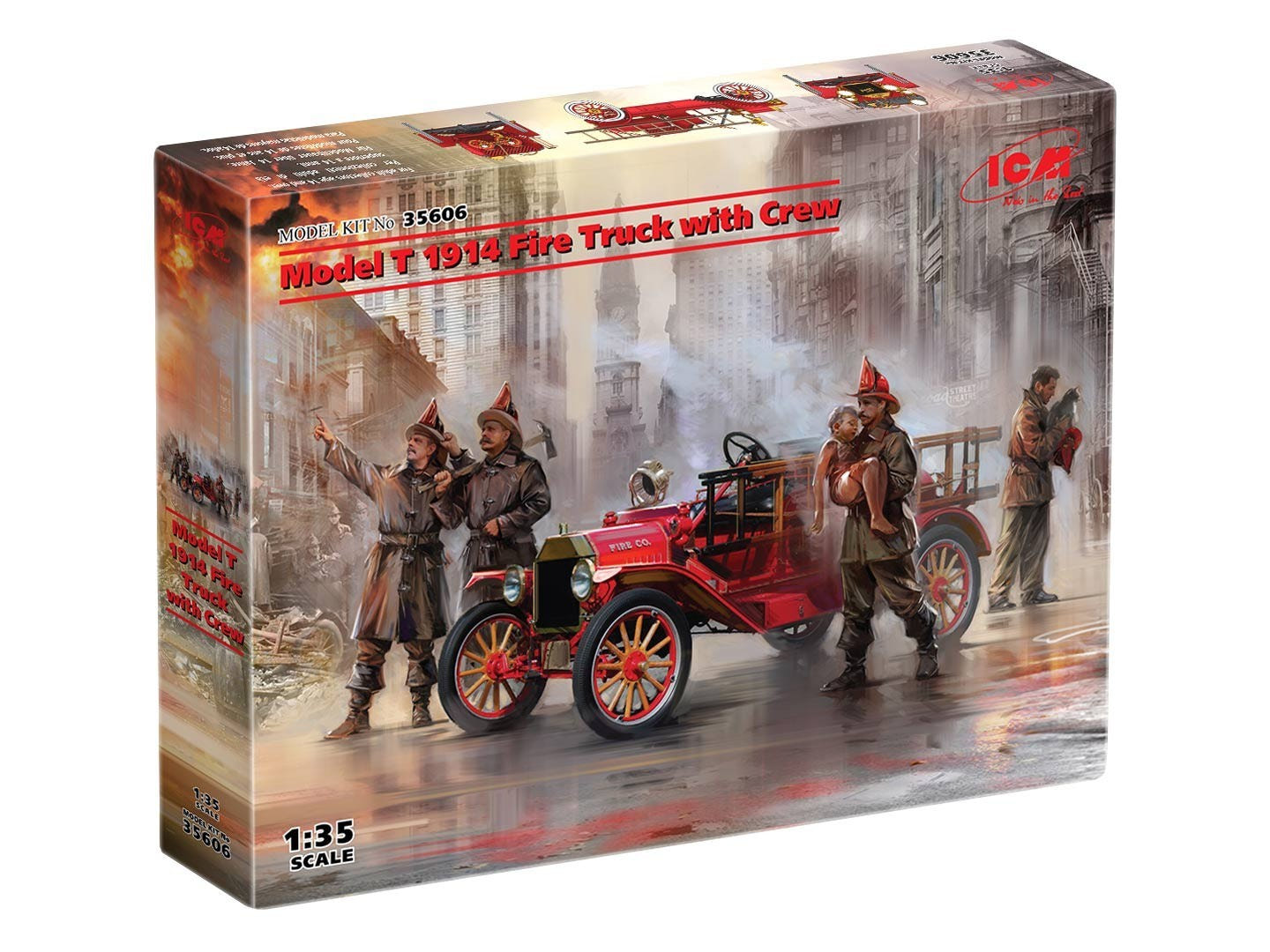 ICM 1:35 Model T 1914 Fire Truck with 4 Crew Figures Boy & Cat - ICM35606