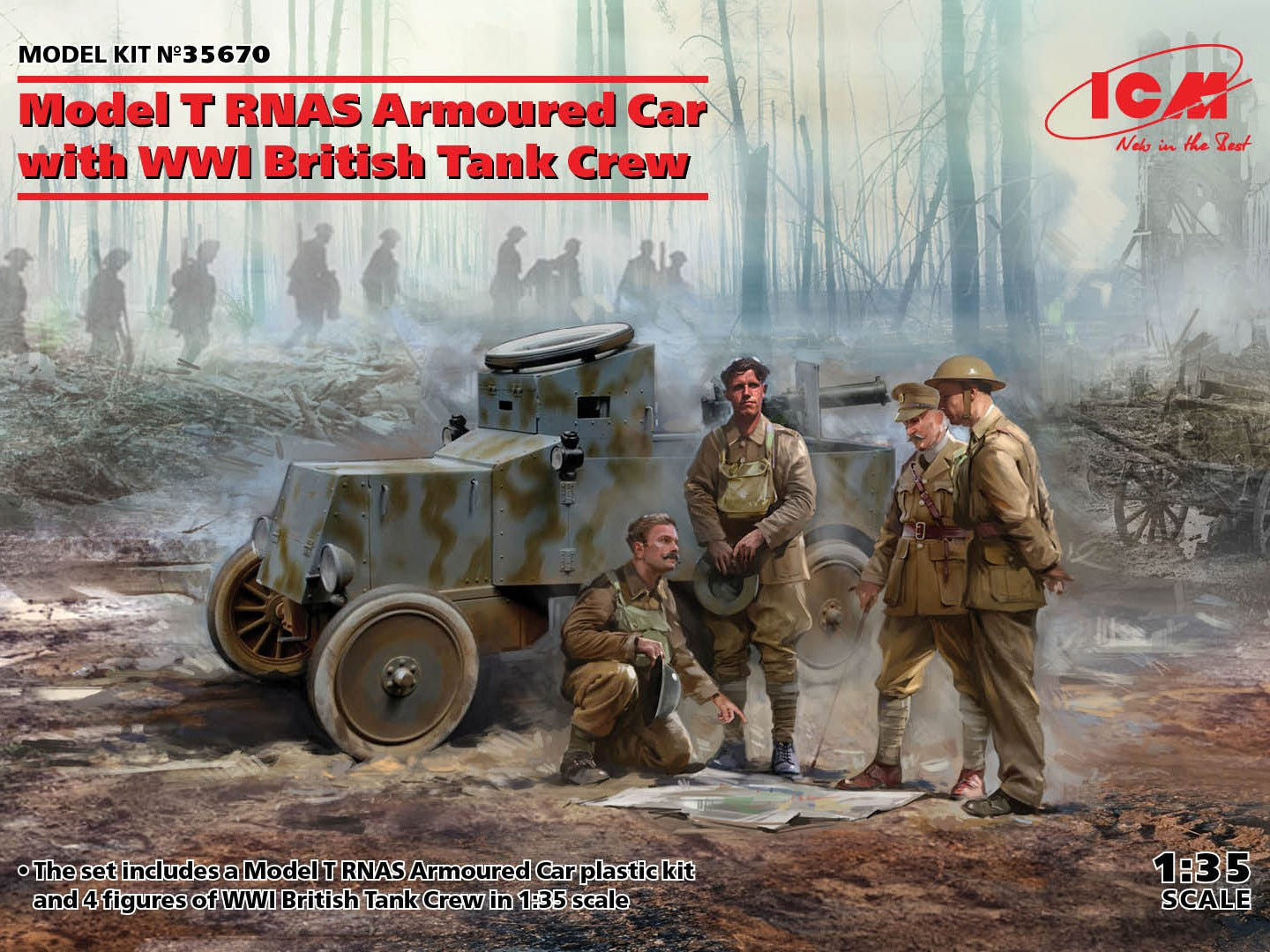 ICM 1:35 Model T RNAS Armoured Car with 4 WWI British Tank Crew Figures - ICM35670