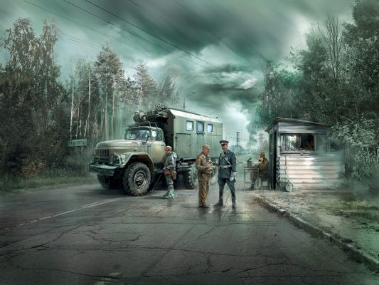ICM 1:35 Chernobyl #1 Radiation Monitoring Station (ZiL Truck / Barrier Checkpoint & 5 Figures) - ICM35901