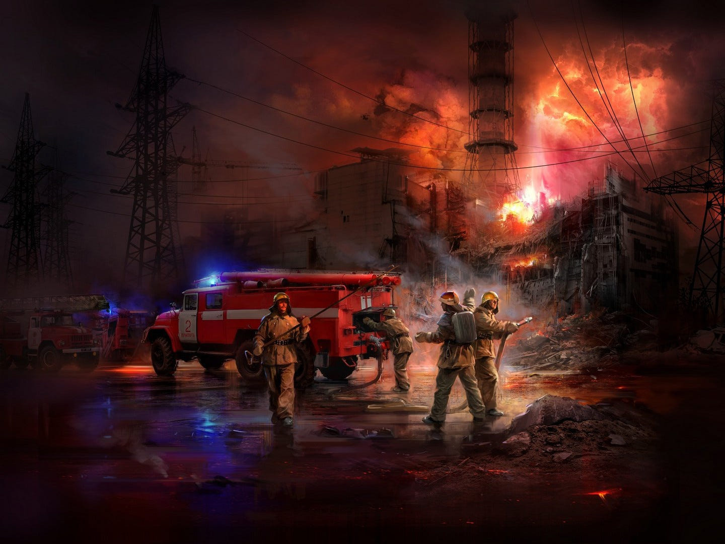ICM 1:35 Chernobyl #2 Fire Fighters (AC-40-137A Fire Truck / 4 Figures & Diorama Base with Background) - ICM35902
