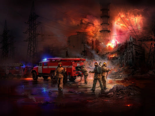ICM 1:35 Chernobyl #2 Fire Fighters (AC-40-137A Fire Truck / 4 Figures & Diorama Base with Background) - ICM35902