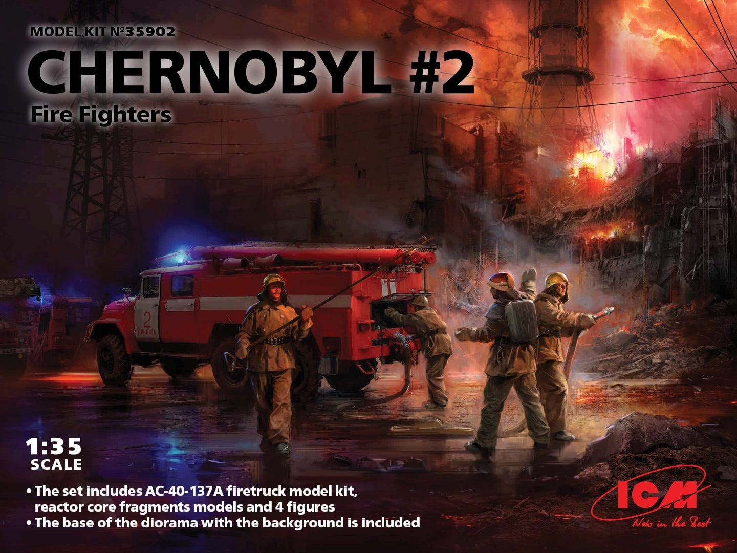 ICM 1:35 Chernobyl #2 Fire Fighters (AC-40-137A Fire Truck / 4 Figures & Diorama Base with Background) - ICM35902
