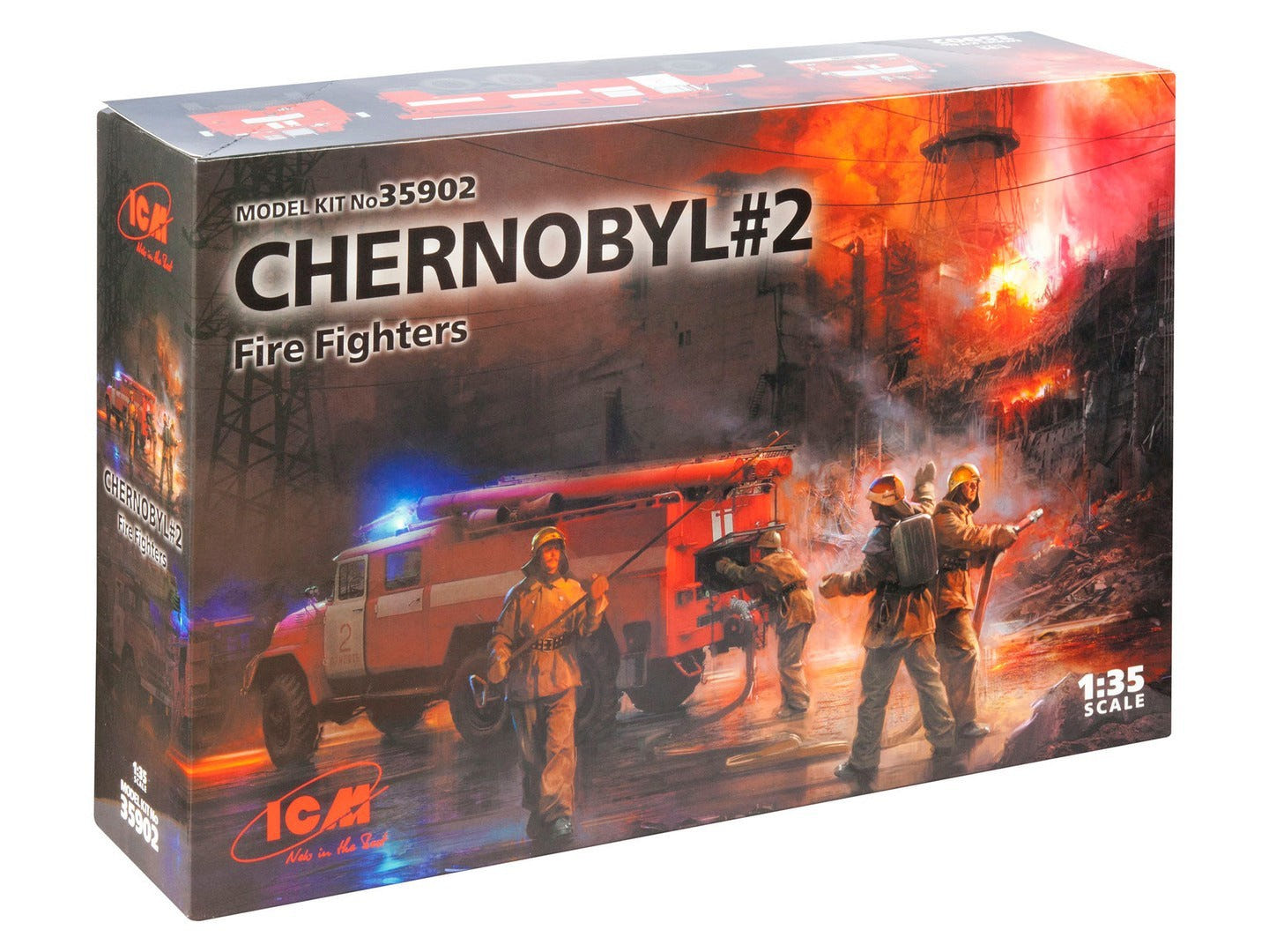 ICM 1:35 Chernobyl #2 Fire Fighters (AC-40-137A Fire Truck / 4 Figures & Diorama Base with Background) - ICM35902