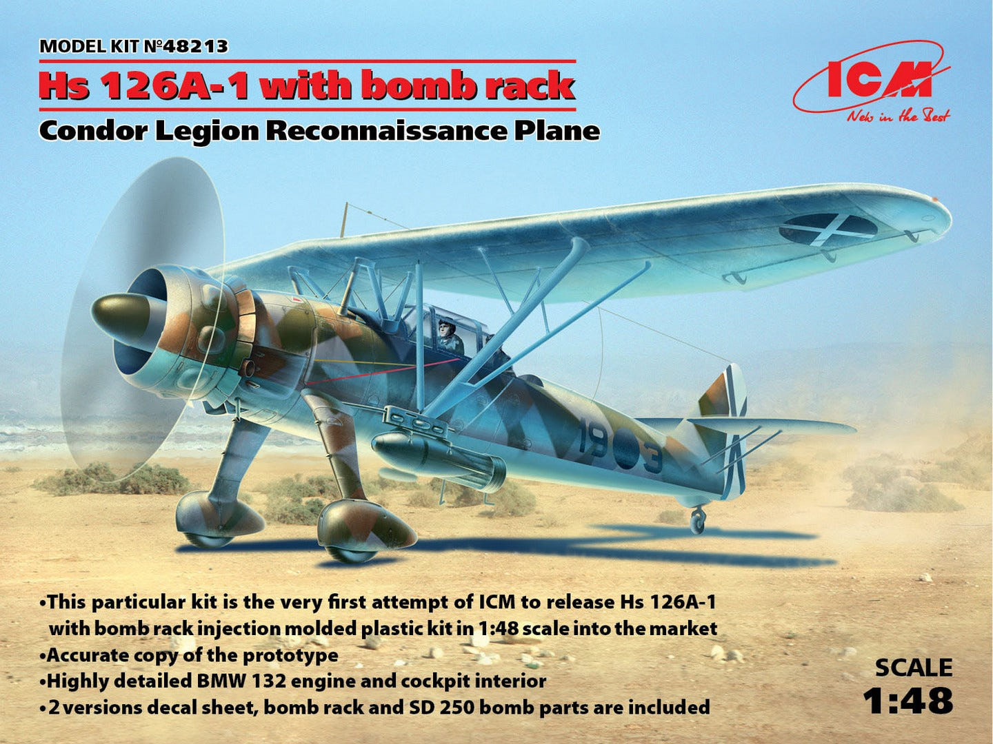 ICM 1:48 Hs 126A-1 with Bomb Rack Condor Legion Reconnaissance Plane - ICM48213