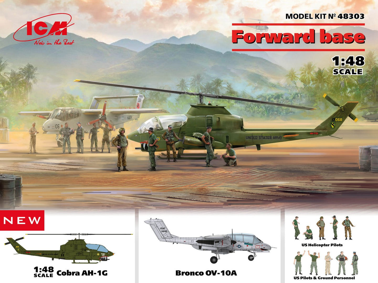 ICM 1:48 Cobra AH-1G & Bronco OV-10A Helicopters with U.S. Pilots & Ground Personnel (9 Figures) - ICM48303