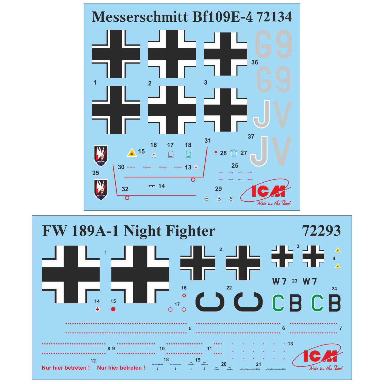 ICM 1:72 Set of 3 Luftwaffe Night Fighters (Bf 109E-4 / Do 172-10 Kauz II / Fw 189A-1) - ICM72209