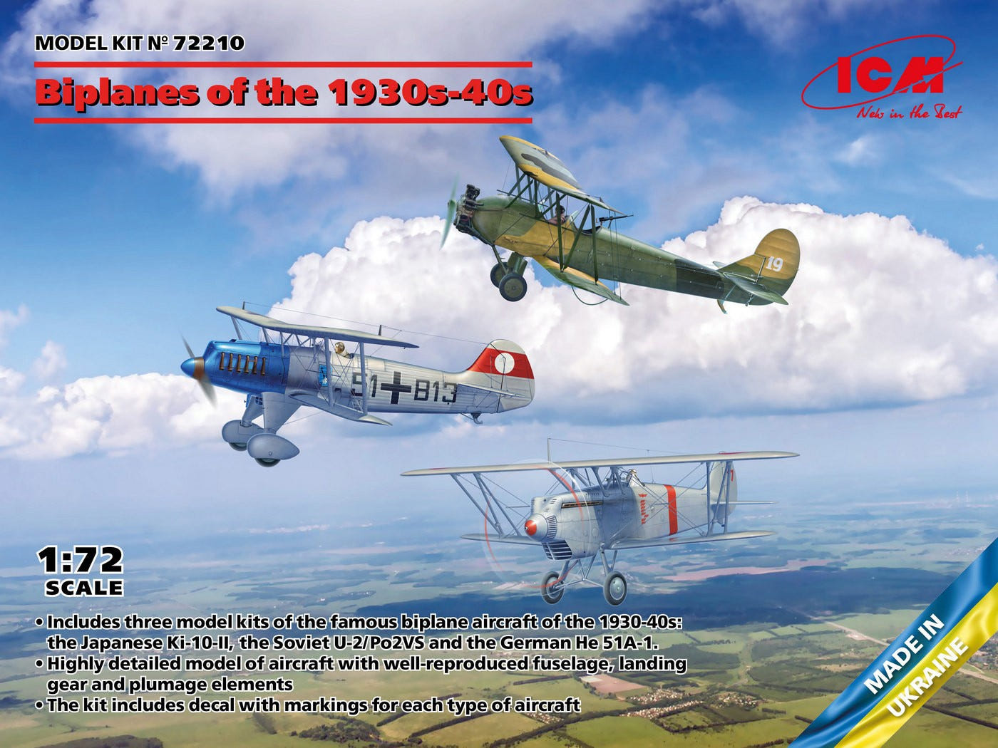 ICM 1:72 Biplanes of the 1930s & 1940s Не-51A-1 / Ki-10-II / U-2/Po-2VS (Set of 3) - ICM72210