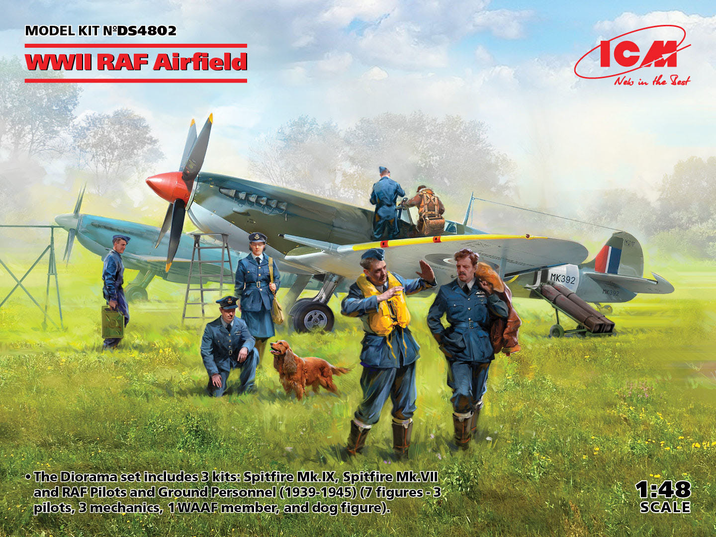 ICM 1:48 WWII RAF Airfield Set Spitfire Mk.IX & Mk.VII with RAF Pilots & Ground Personnel (7 Figures) - ICMDS4802