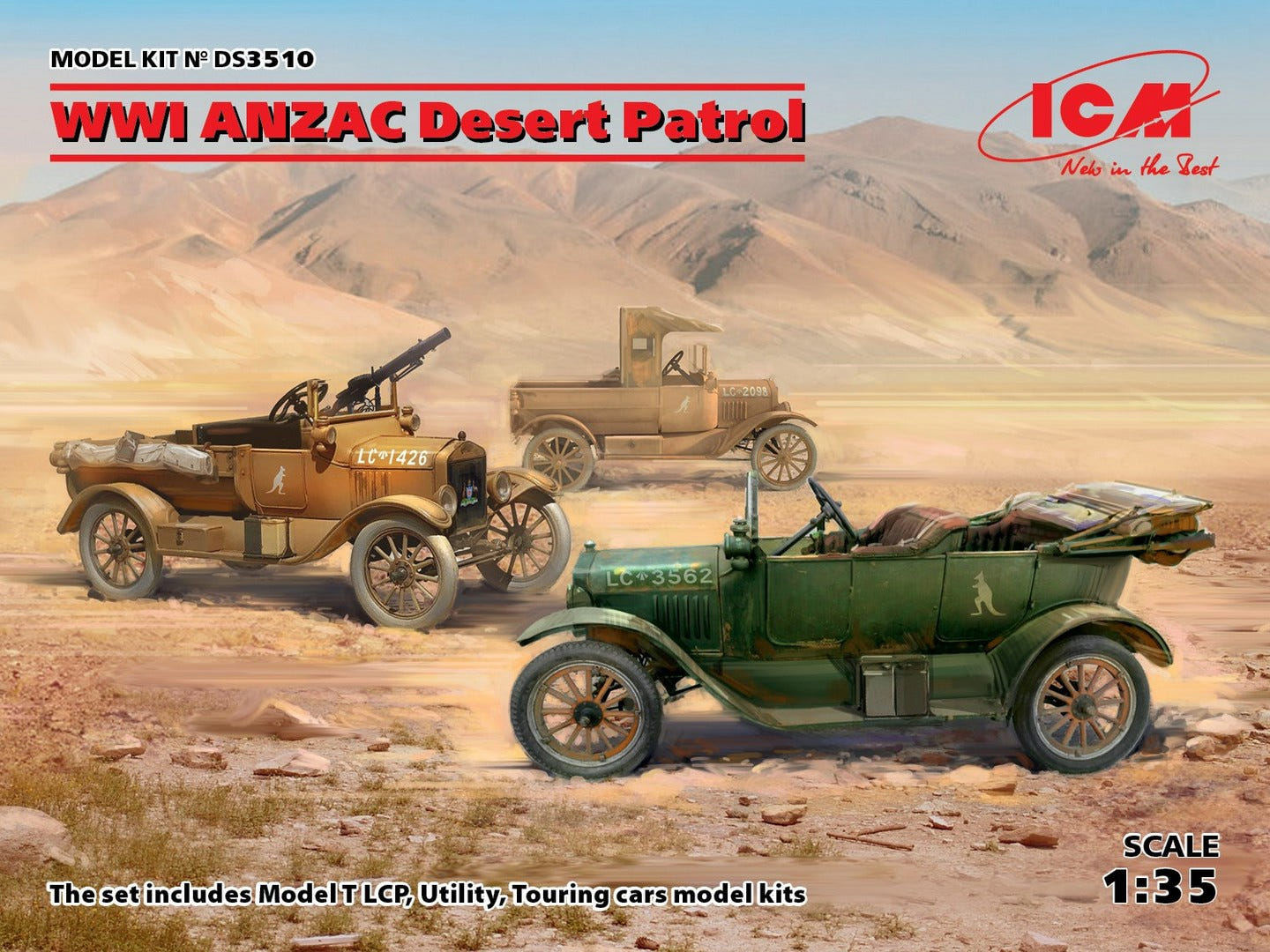 ICM 1:35 WWI ANZAC Desert Patrol Model T LCP & Utility & Touring Cars (Set of 3) - ICMDS3510