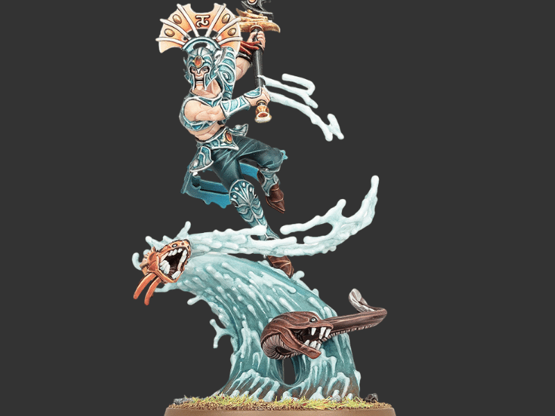 A painted fantasy miniature figurine of a warrior leaping over a wave-like creature on a dark gray background.