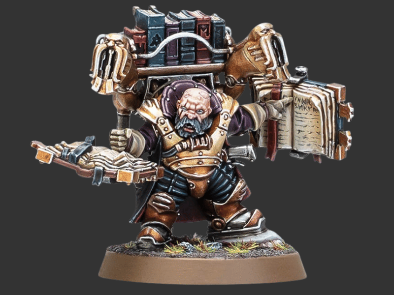 A painted fantasy miniature figurine of a bearded warrior carrying a large stack of books on his shoulders and holding an open book in one hand, set against a dark gray background.