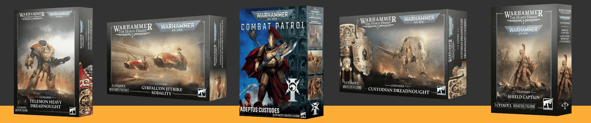 A row of Warhammer 40k tabletop gaming boxes and miniatures shown against a dark background with a bright orange horizontal band. Visible products include Warhammer 40,000: Dawn of the Trooper, Warhammer 40,000: Dawn of War: Battle for the Book, Warhammer 40,000: Combat Patrol, Warhammer 40,000: Cannibalisation Campaign, Warhammer 40,000: Dawn of War: Warlord Edition, Warhammer 40,000: Dawn of War: Warlord Chapters, and Warhammer 40,000: Dawn of War: Warlord Chapters 2.