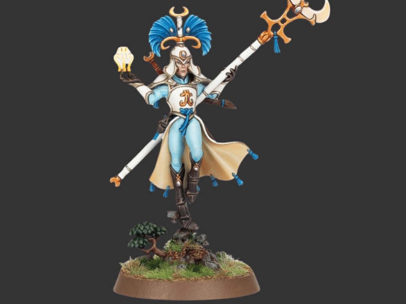 A painted fantasy miniature figurine of a multi-armed warrior on a circular base, featuring blue and white armor, a large blue headdress, and a staff with an axe, set against a dark gray background.