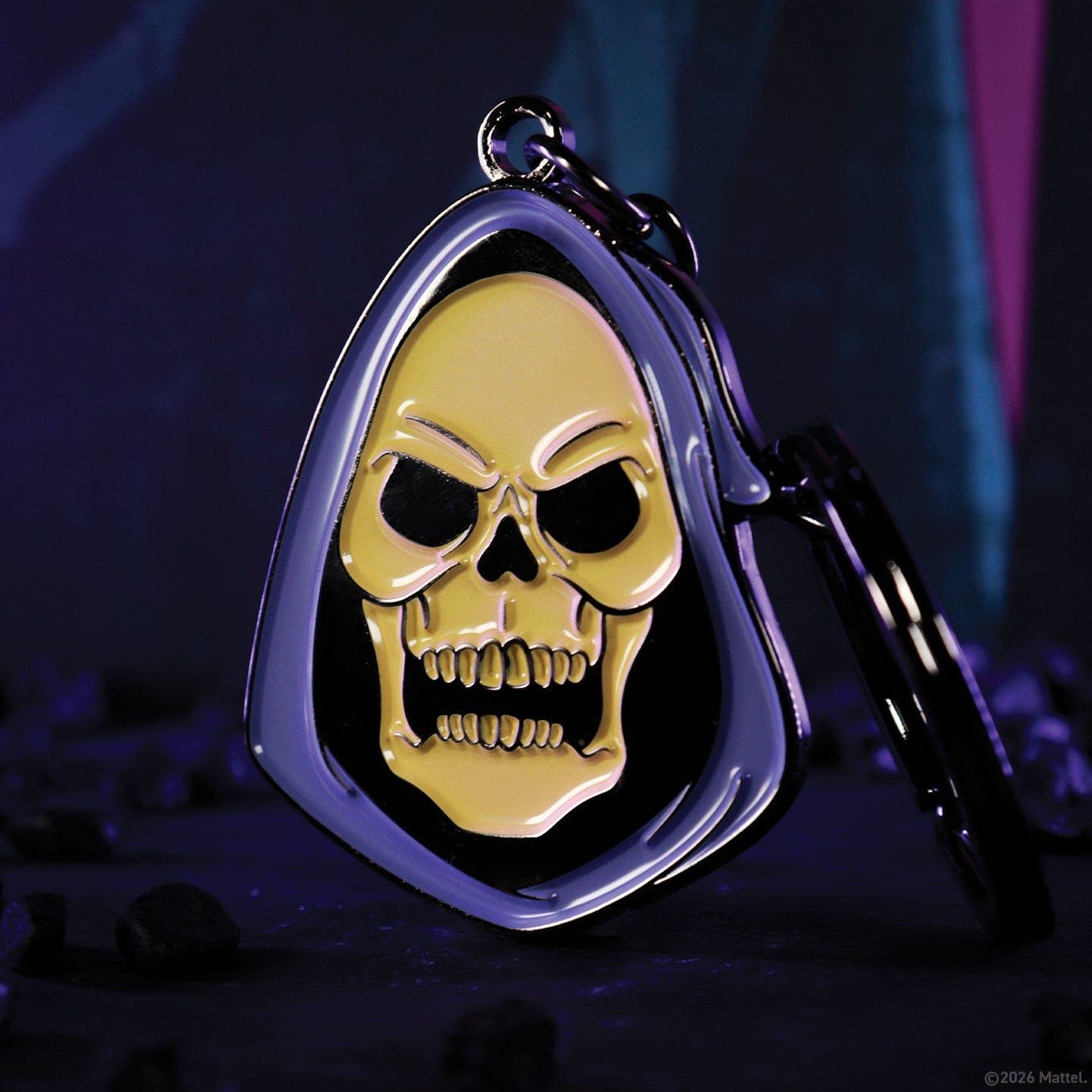 Skeletor enamel keyring on a set of keys, lifestyle shot
