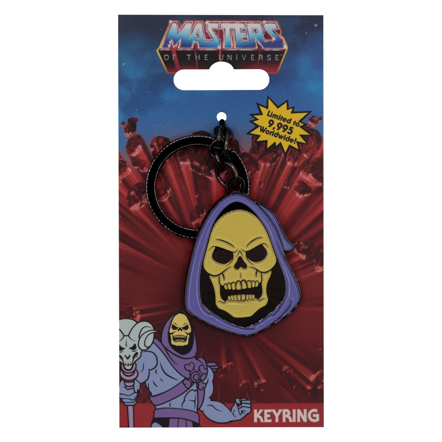 Skeletor limited edition keyring in its packaging, front