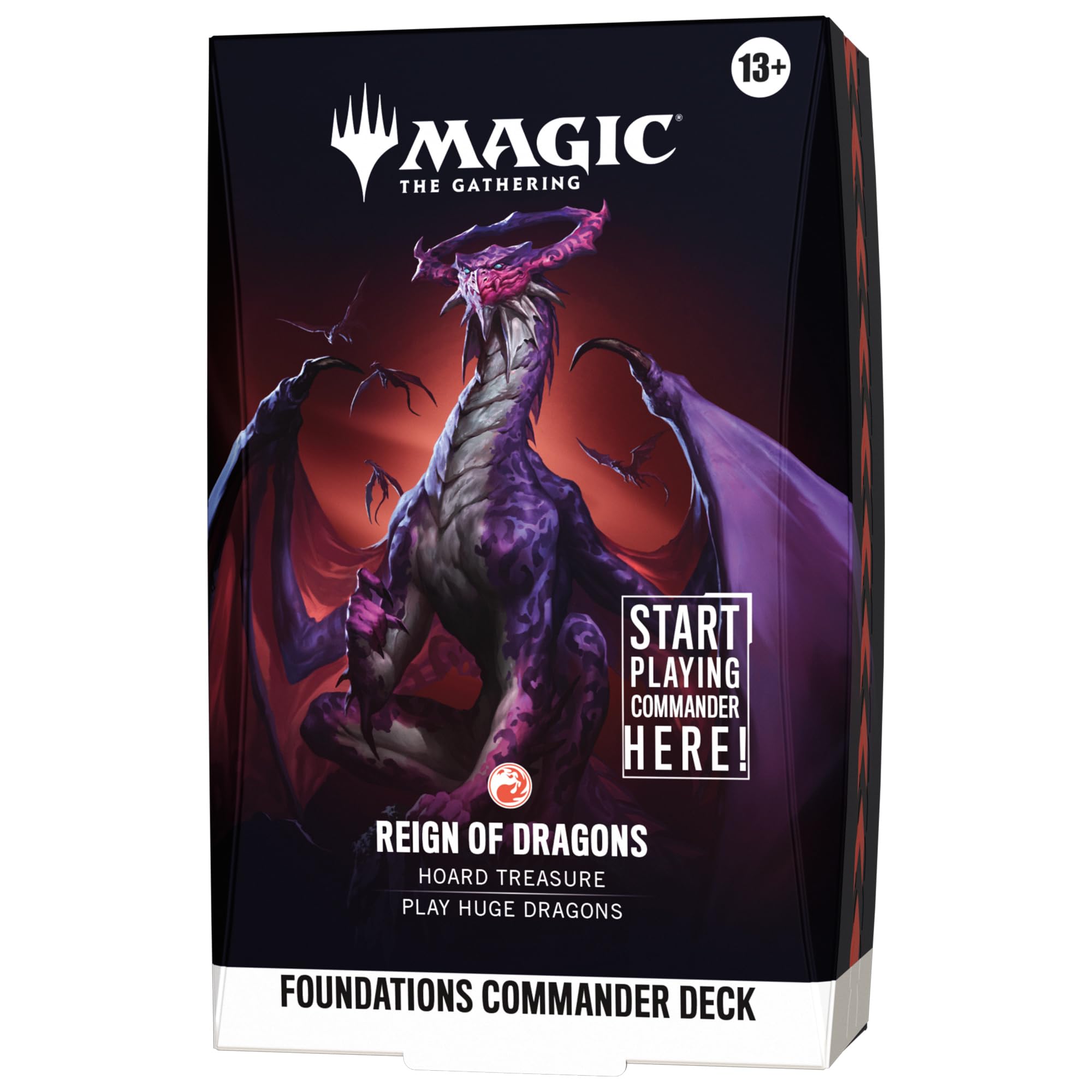 Magic: The Gathering Foundations Commander Deck box for the Reign of Dragons set, featuring a purple dragon illustration on a dark red and black background.