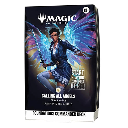 Magic: The Gathering 'Calling All Angels' Foundations Commander Deck box, featuring a dark blue and black background with a vibrant illustration of an angel warrior and purple glowing wings.
