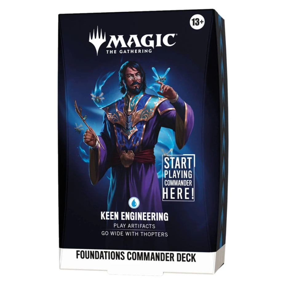 Magic: The Gathering Foundations Commander Deck box for Keen Engineering, featuring artwork of a wizard in a purple robe with blue energy effects on a dark background.