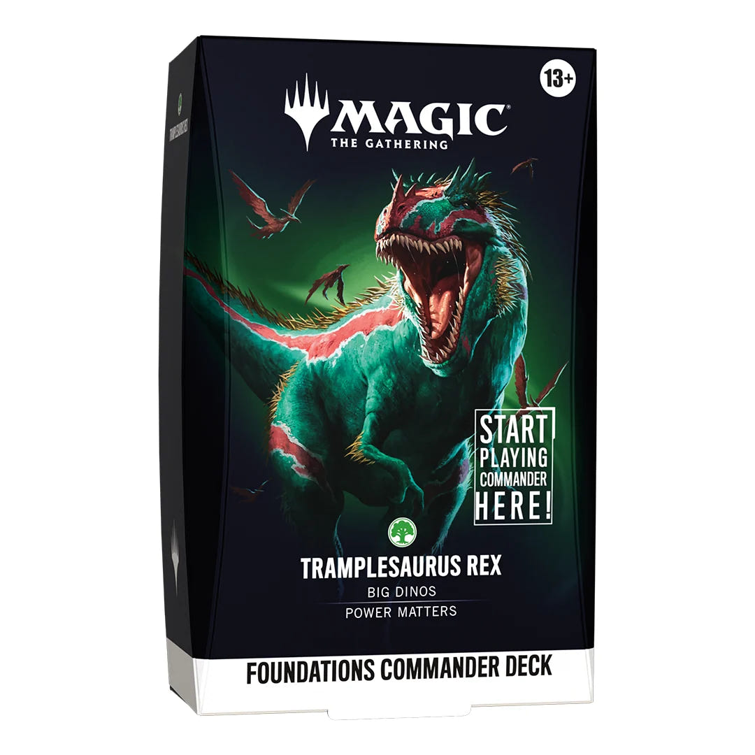 Magic: The Gathering Tramplesaurus Rex Foundations Commander Deck box, featuring a green and red dinosaur illustration on a black background with white text and a white base.