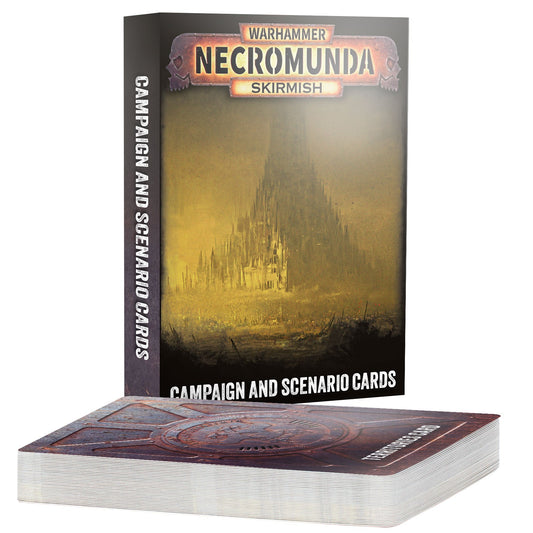 Warhammer Necromunda Skirmish campaign and scenario cards shown as a boxed set with one deck fanned in front on a white background.
