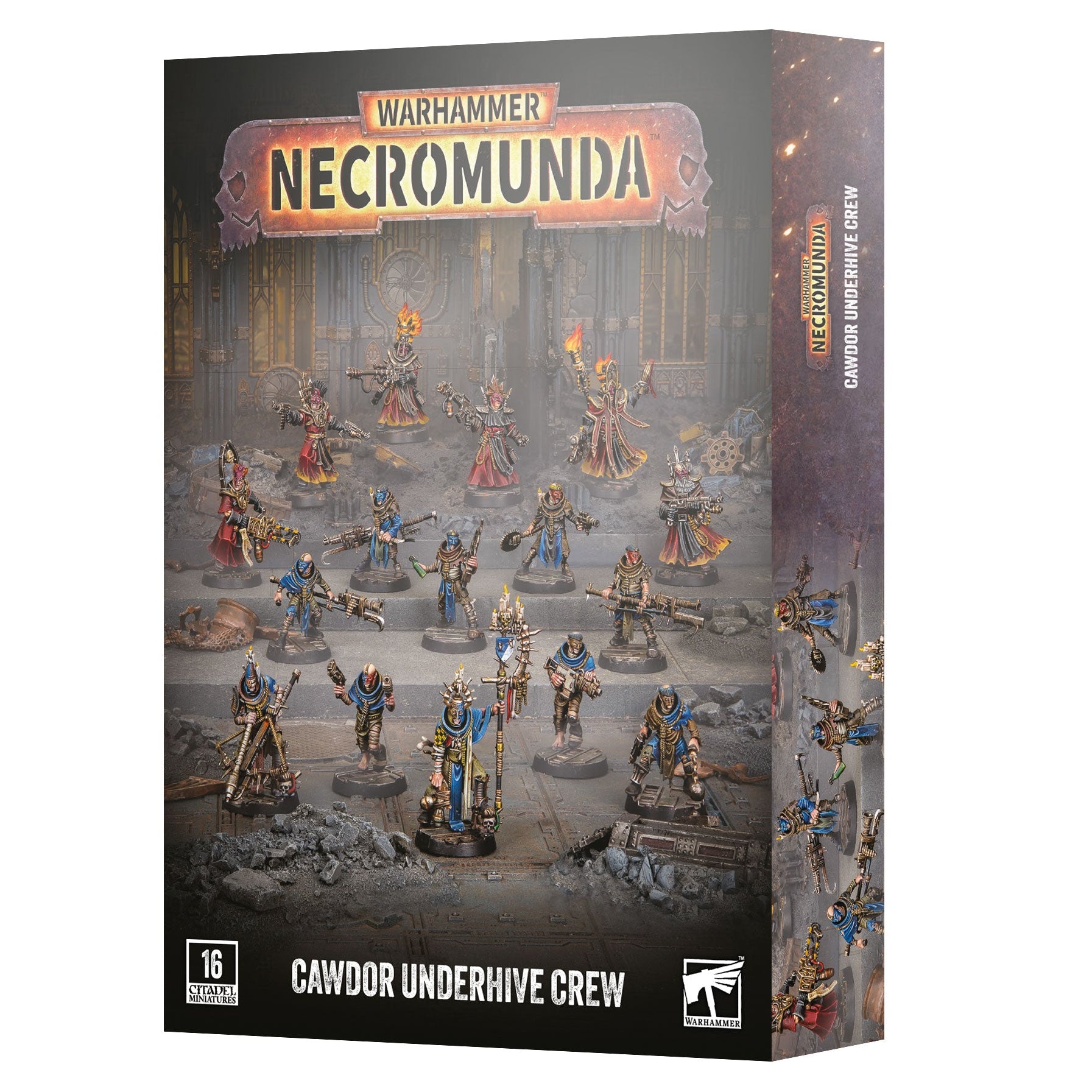 Warhammer Necromunda Cawdor Underhive Crew box set, featuring a detailed cover illustration of various painted miniature figures in a dark, industrial environment.