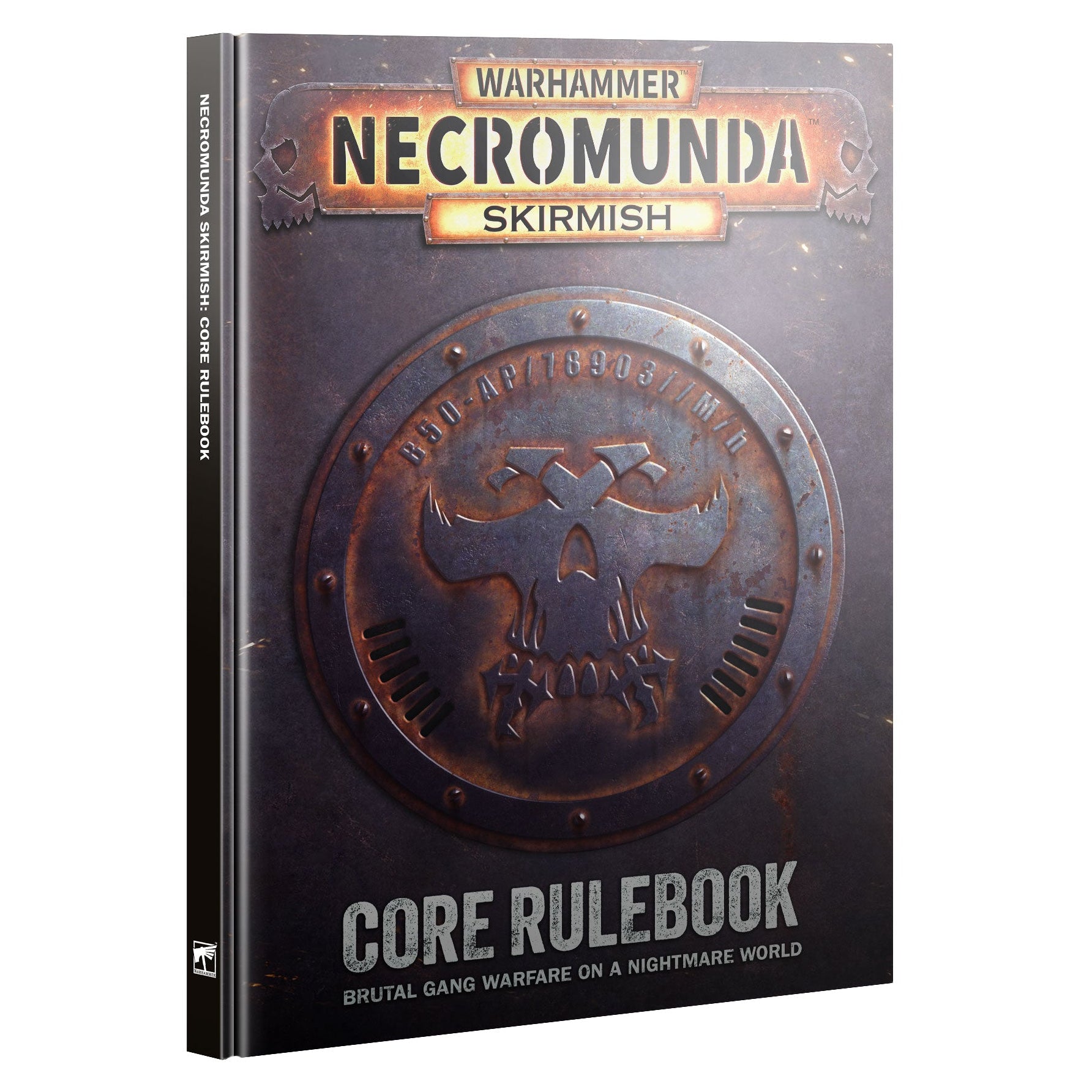 Warhammer Necromunda Skirmish Core Rulebook book cover shown at a slight angle on a plain white background.