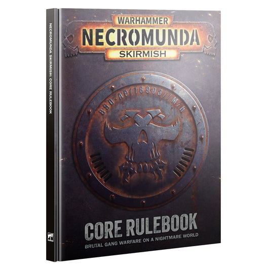 Warhammer Necromunda Skirmish Core Rulebook book cover shown at a slight angle on a plain white background.