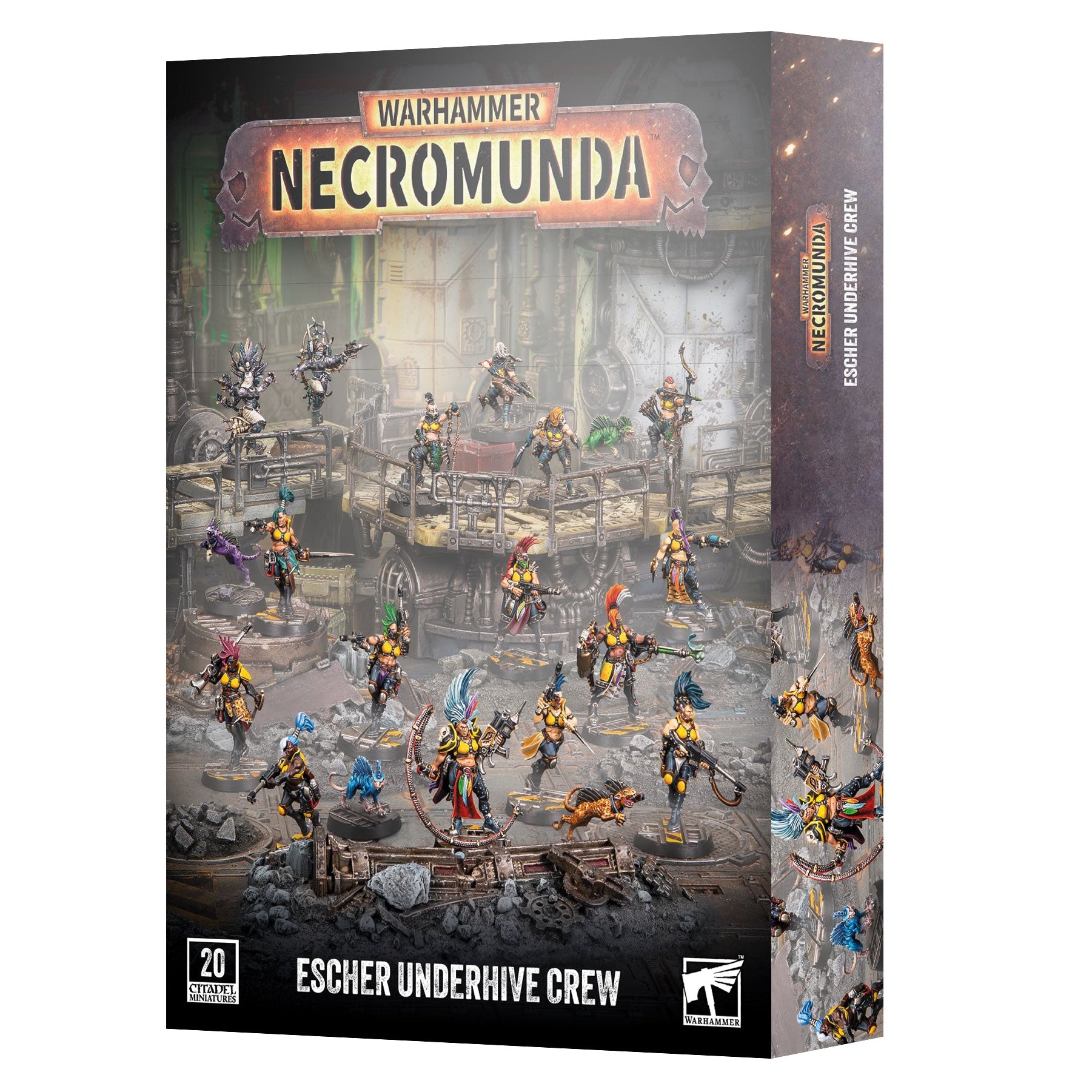 Warhammer Necromunda Escher Underhive Crew box set, showing the front and side packaging with detailed miniature artwork of the crew on a white background.