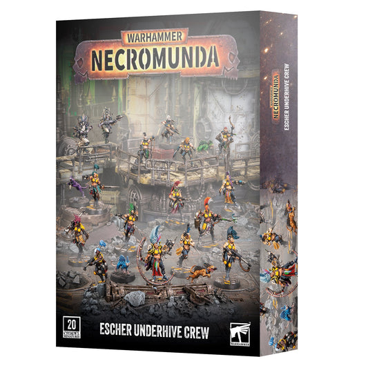 Warhammer Necromunda Escher Underhive Crew box set, showing the front and side packaging with detailed miniature artwork of the crew on a white background.