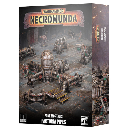 Warhammer Necromunda Zone Mortalis Factoria Pipes tabletop gaming box by Games Workshop, showing illustrated industrial pipes and machinery on the front and spine against a black background.