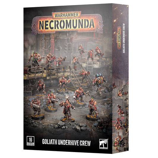 Warhammer Necromunda Goliath Underhive Crew box set, featuring a detailed sci-fi horror illustration of goliath miniatures in a ruined industrial environment.