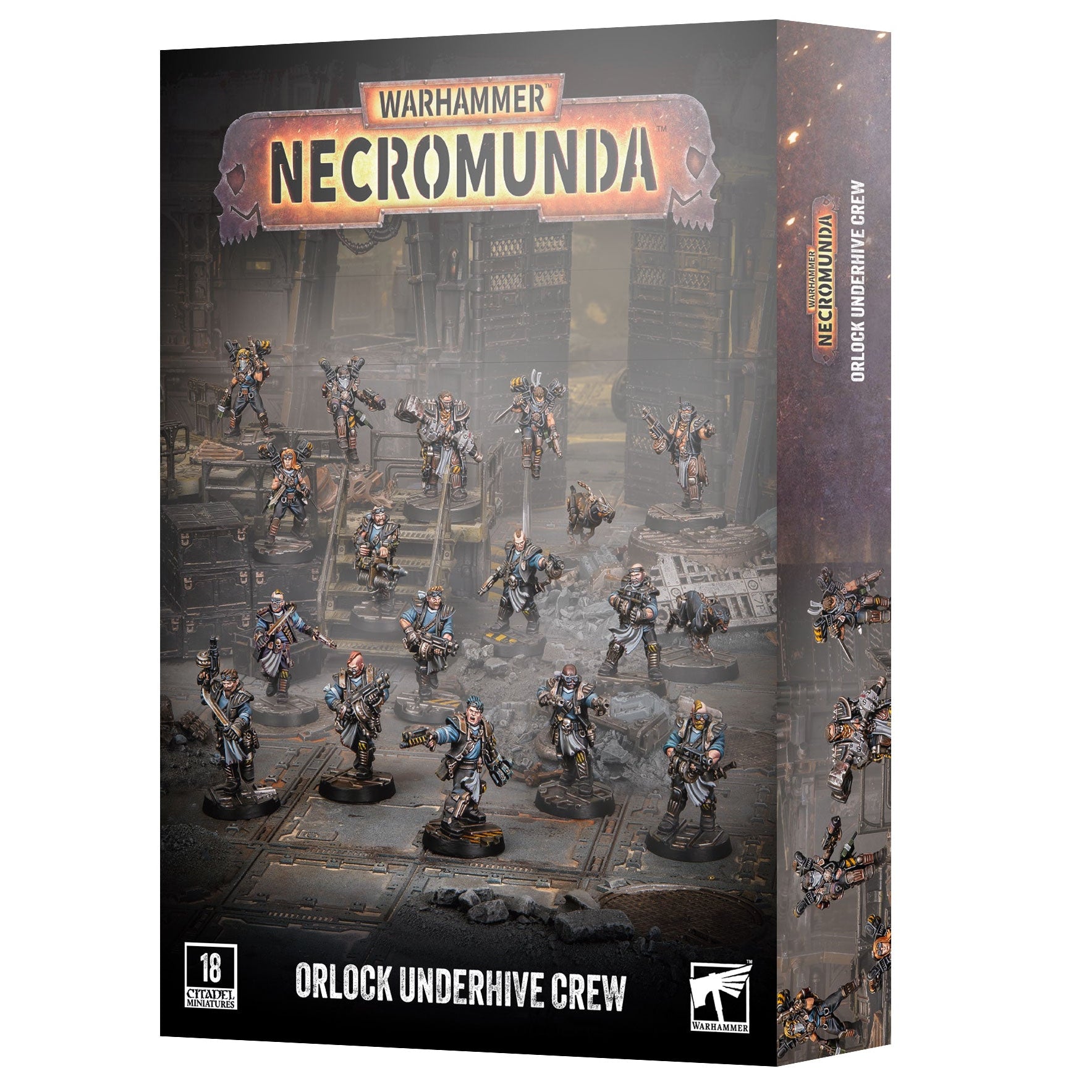 Warhammer Necromunda Orlock Underhive Crew box set, featuring a detailed sci-fi illustration of orlocks on the front cover and spine, with the Warhammer logo at the top.