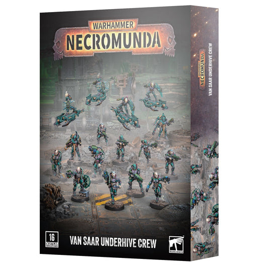 Warhammer 40k Necromunda Van Saar Underhive Crew box set, featuring a detailed sci-fi illustration of miniatures on the front cover and side panel.