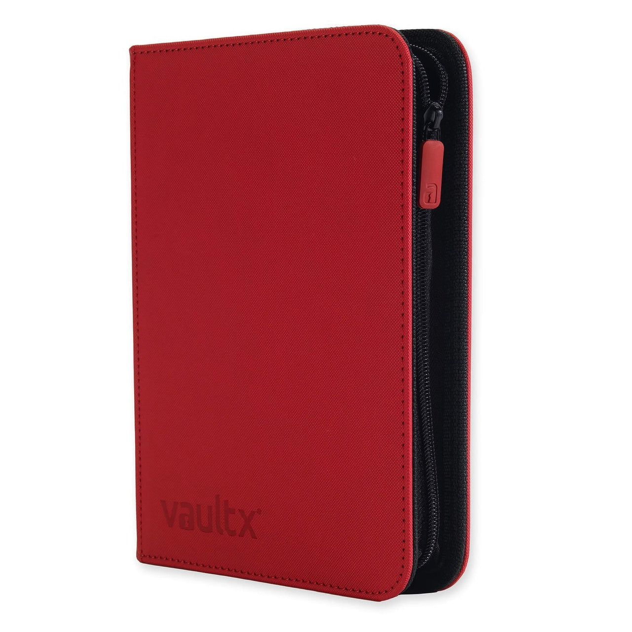 Red zippered trading card binder with 'vaultx' branding on a white background