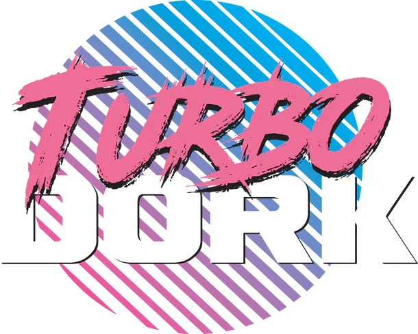 Turbo Dork logo with pink and black text on a blue and purple striped background