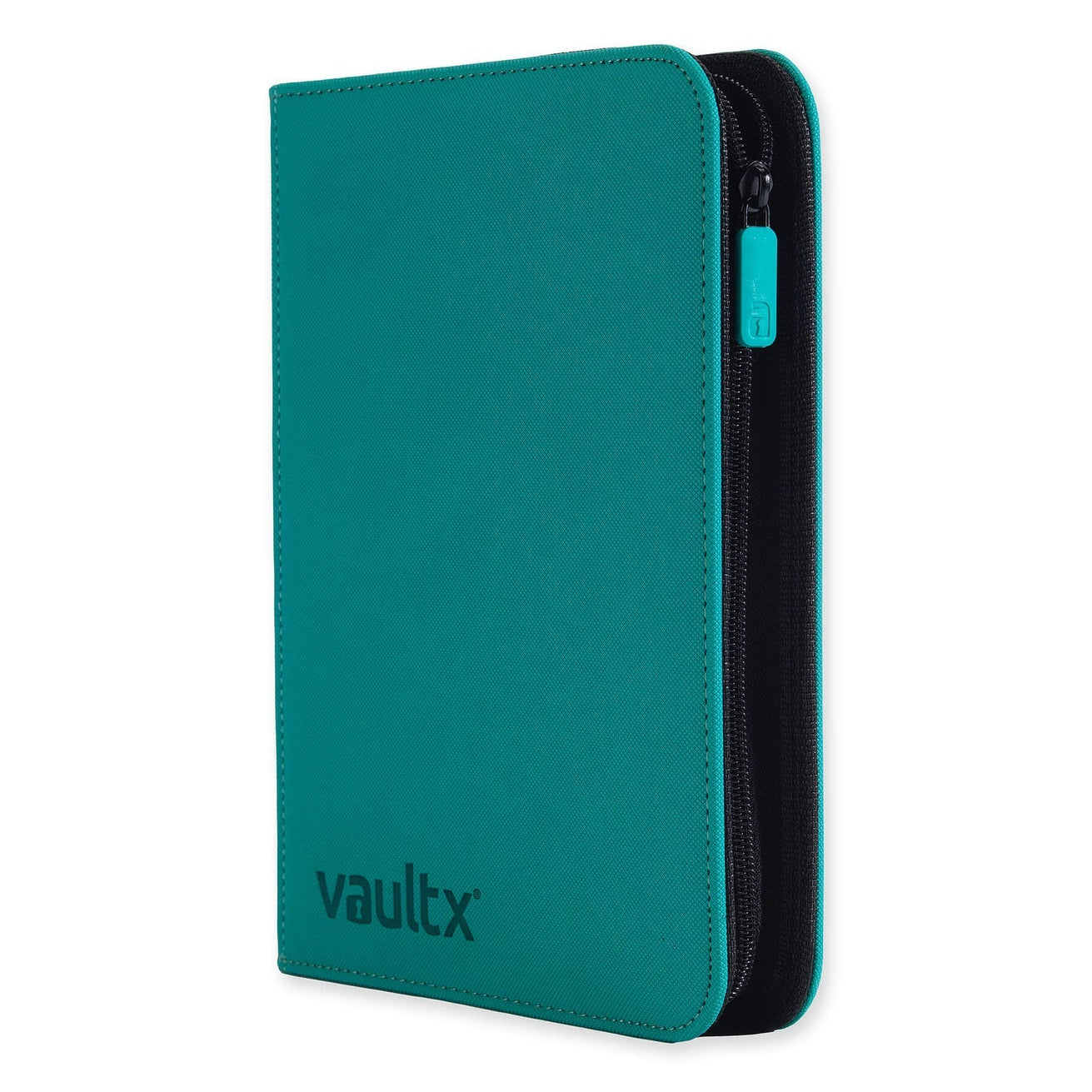 Teal zippered trading card binder with 'vaultx' branding on a white background