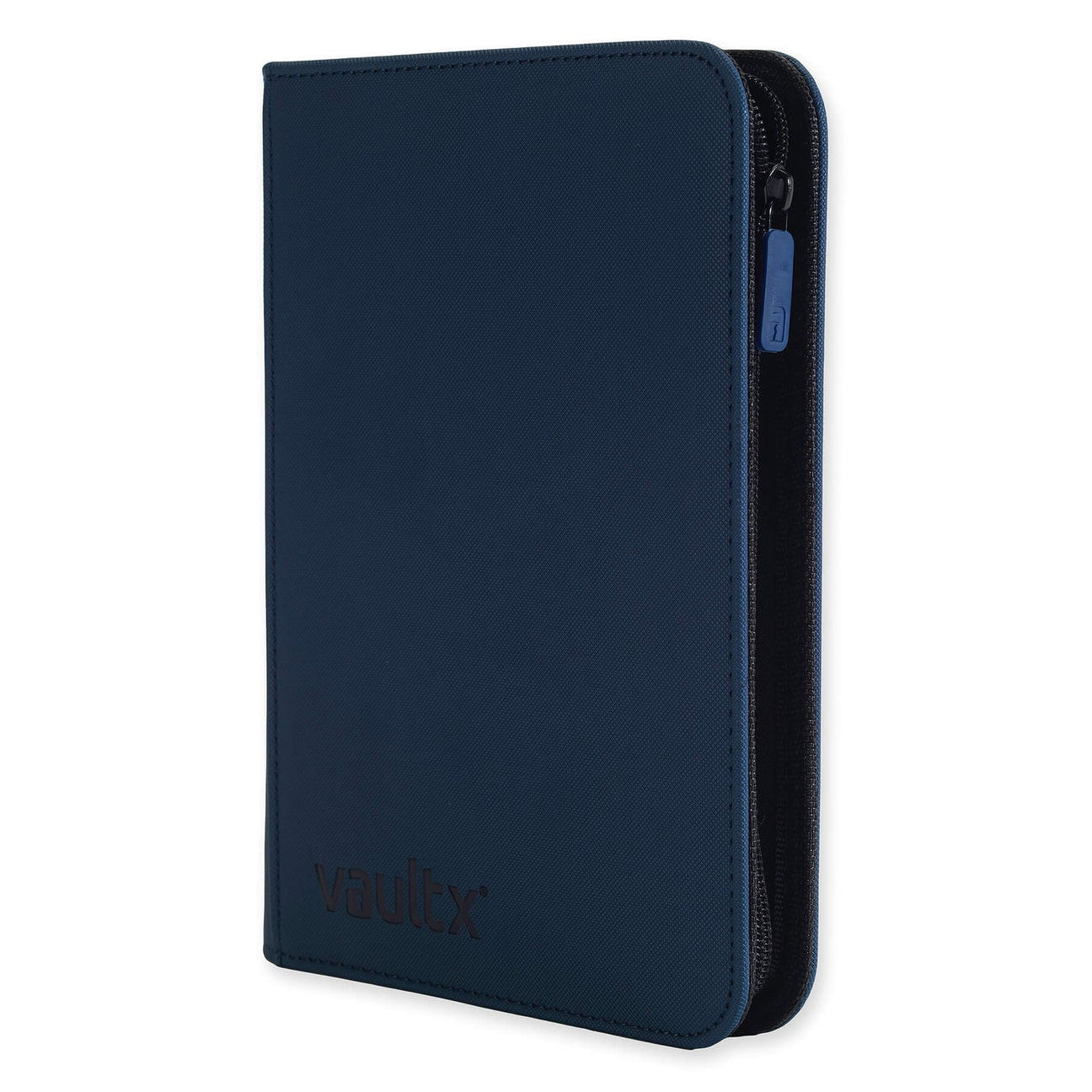 Navy blue zippered trading card binder with 'Vulpix' branding on a white background