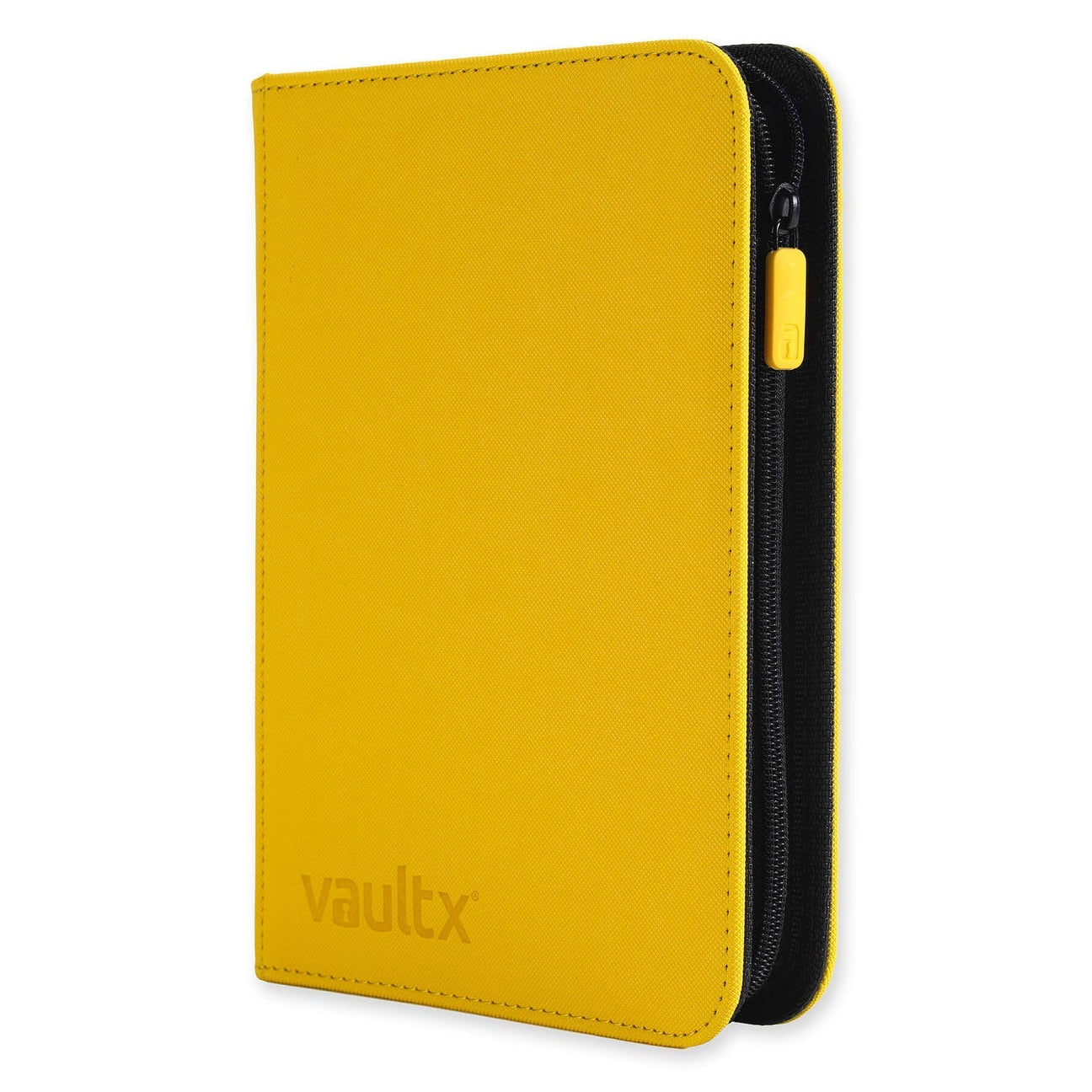 Yellow zippered trading card binder with 'vaultx' branding on a white background