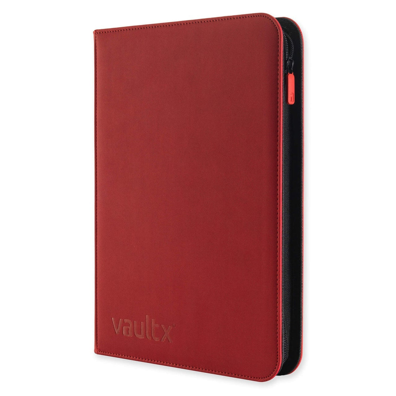 Red trading card binder with 'vaultx' branding on a white background