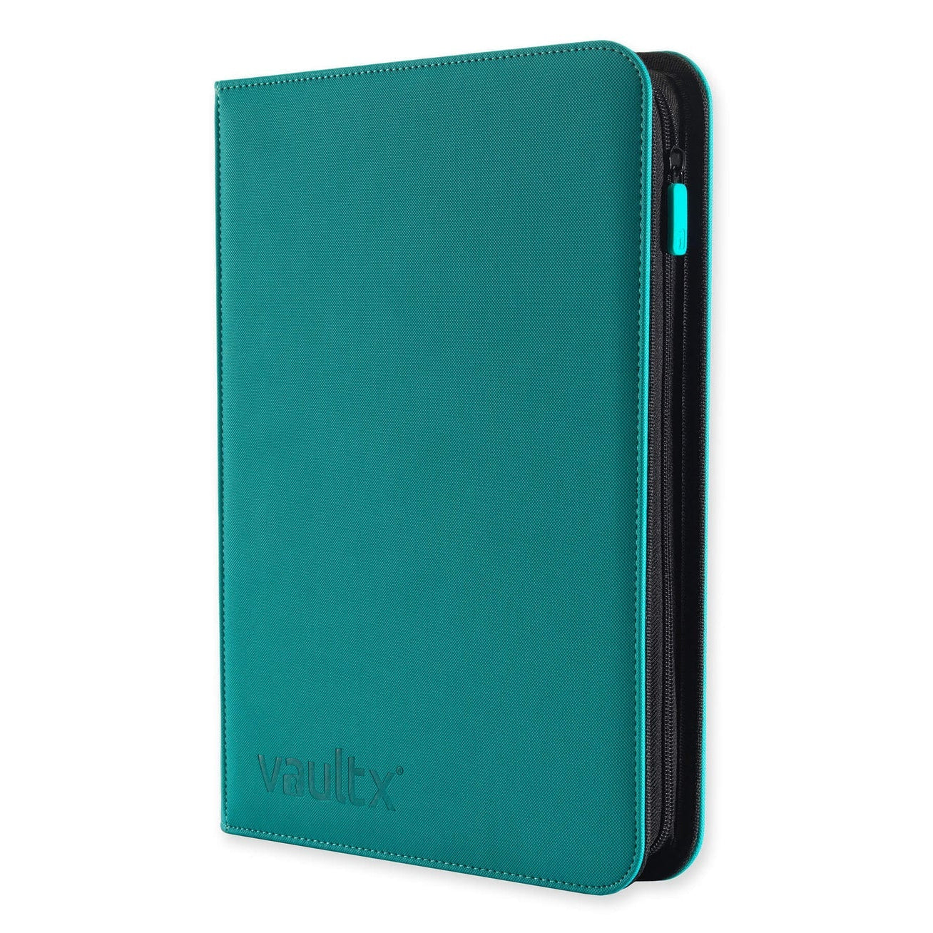 Teal zippered case with 'vaultx' branding on a white background