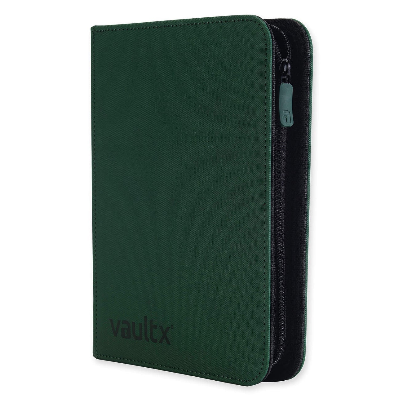 Green zippered trading card binder with 'vaultx' branding on a white background