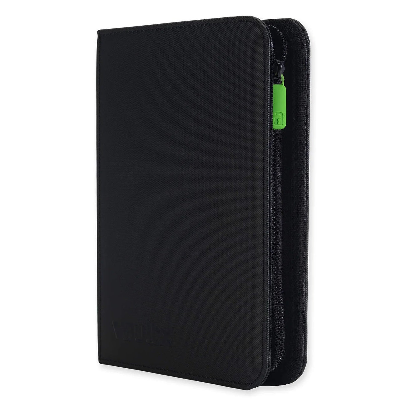 Black zippered pouch with a green zipper pull on a white background
