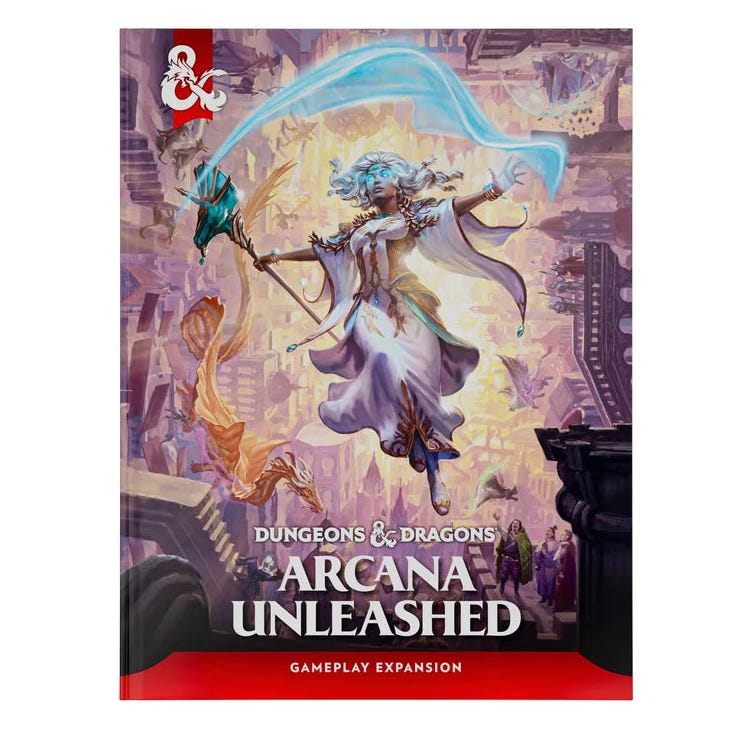 Dungeons & Dragons: Arcana Unleashed tabletop gaming expansion book cover shown against a plain white background. The cover features fantasy artwork of a floating female archer with a glowing blue bow and a cityscape backdrop, with the title and Dungeons & Dragons logo visible.